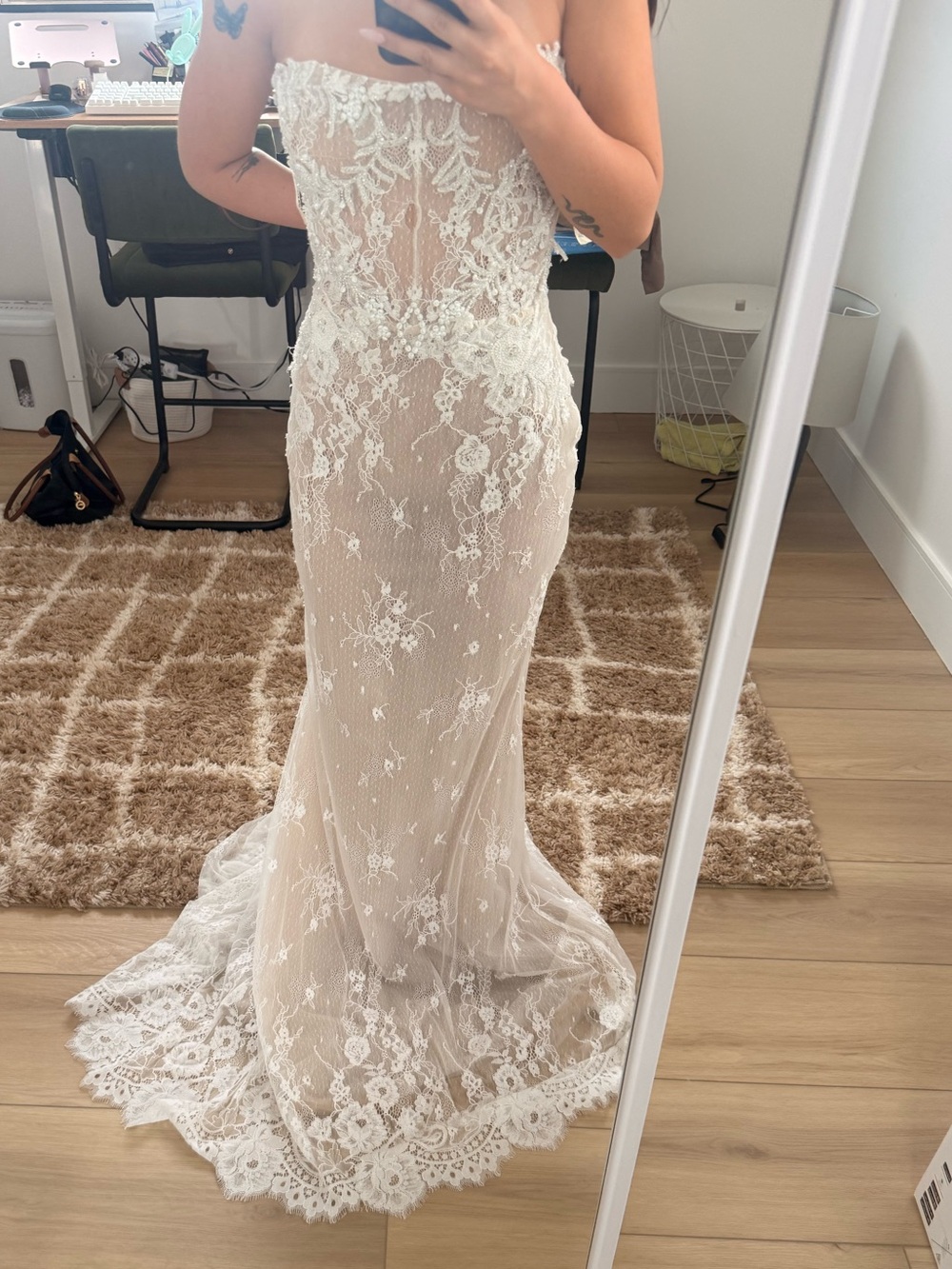 Liz Martinez Designer Strapless Lace Sheath Wedding Dress in Ivory/White
